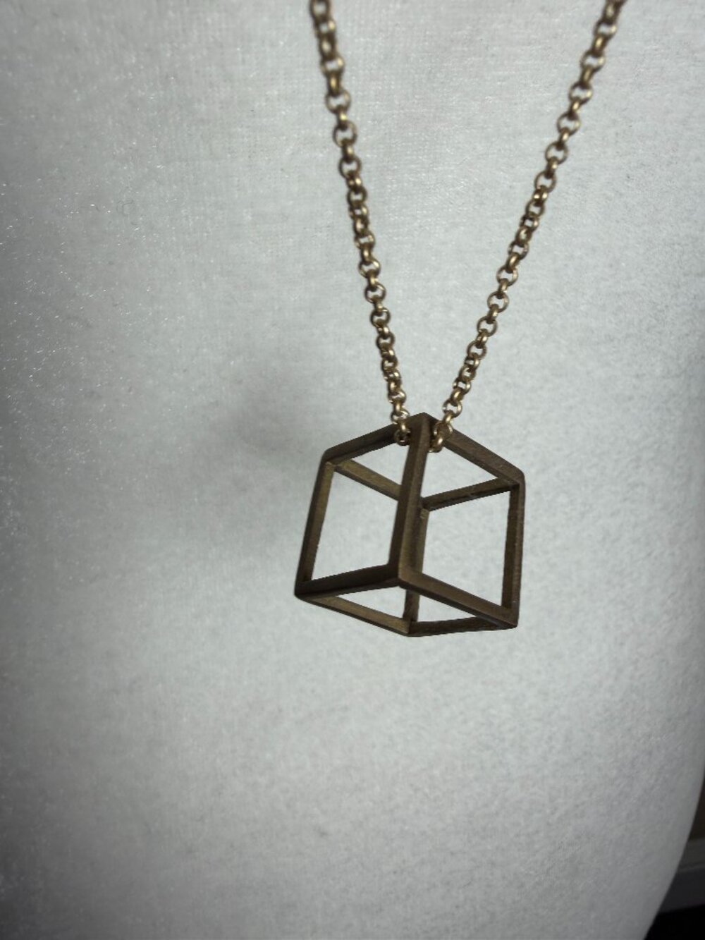Vintage Gold Tone 3D Cube Pendant Necklace